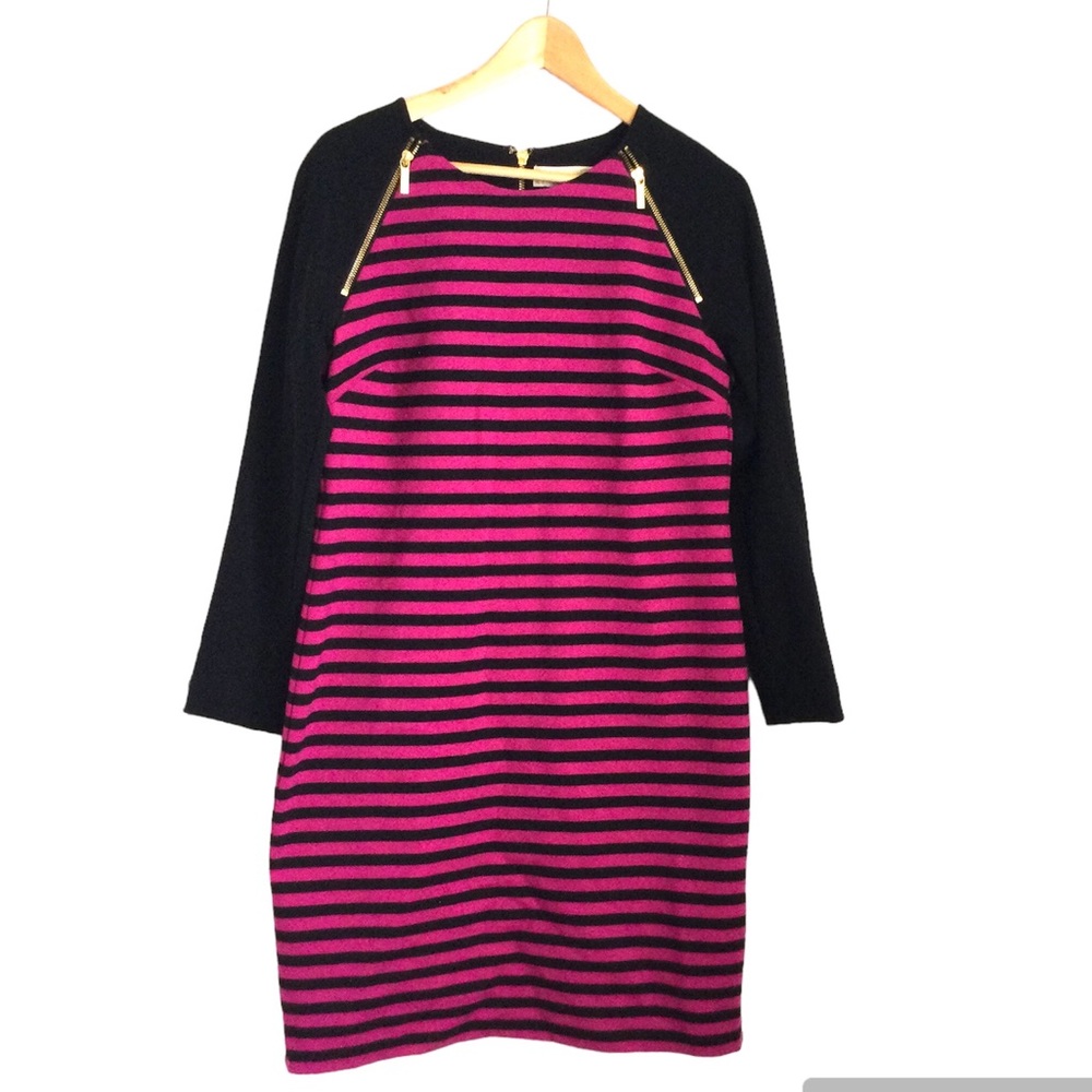 MICHAEL KORS Pink & Black Stripe Long Sleeve Dress With Gold Hardware 10
